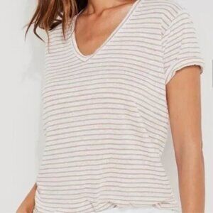 VINEYARD VINES I Tan & Creamy White Striped Linen V-Neck Short Sleeve Top, M